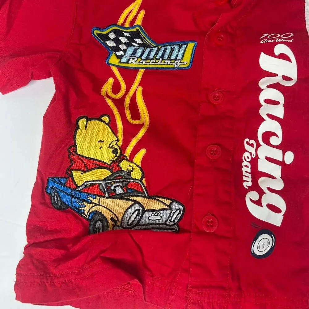 Vintage Disney Winnie the Pooh Racing red button up shirt denim shorts set 2T